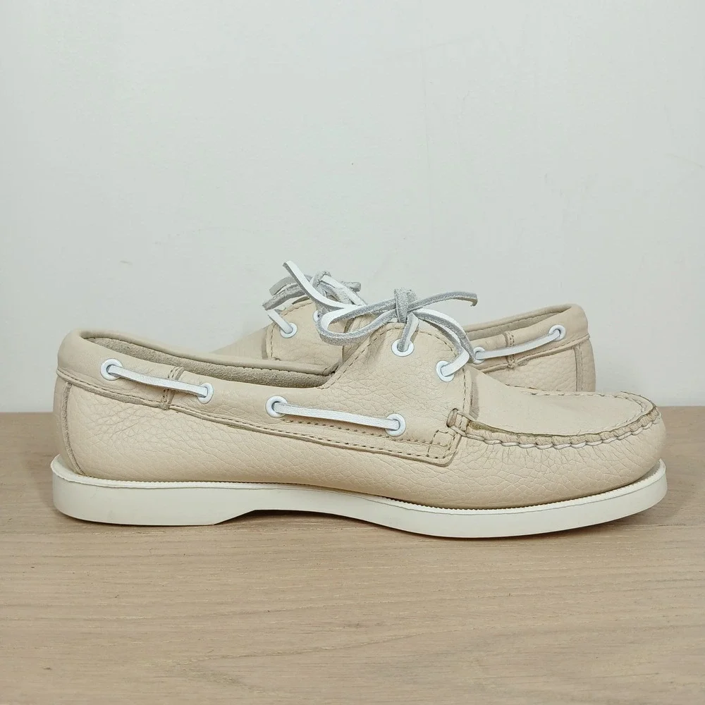 Bass Boaters Leather Boat Shoes Mens 7.5M Cream Leather Preppy Coastal Classic